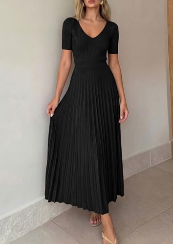 Image of PRETTYGARDEN Women's 2026 Spring Midi Sweater Dresses Elegant Pleated Ribbed Knit Short Sleeve V Neck A Line Summer Outfits
