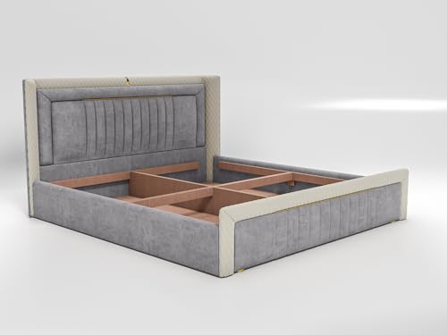 Image of Acacia Modern Upholstered King Size Bed with Box Storage for Bedroom | Wooden Double Bed with Storage | Platform Cot Bed with Upholstery Premium Fabric | 6.5 x 6 Ft | Sheesham Wood | Battleship Gray