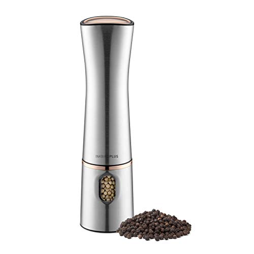 Image of Inkbird Electric Pepper Grinder Mill,Automatic Electric Pepper Grinder,Battery Operated Stainless Steel Pepper Mill Salt Mill with Light,Push Button Adjustable Coarseness