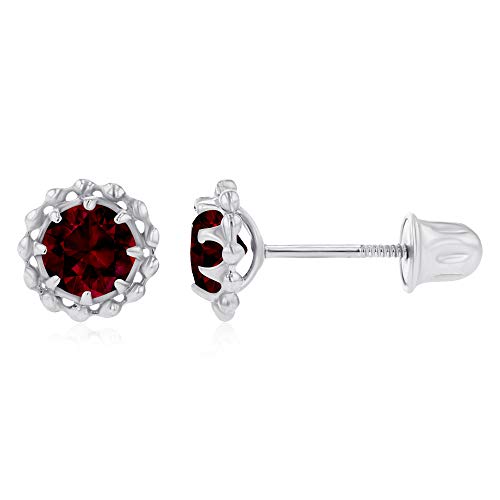 Solid 14K White Gold 4Mm Round Natural Red Garnet January Birthstone Textured Halo Screwback Earrings For Women And Girls #TOP1