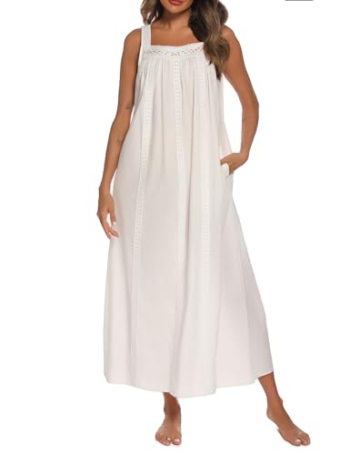 YOZLY Cotton Nightgowns for Women Embroidery Sleeveless Night Gown with Pockets S-XXXL2