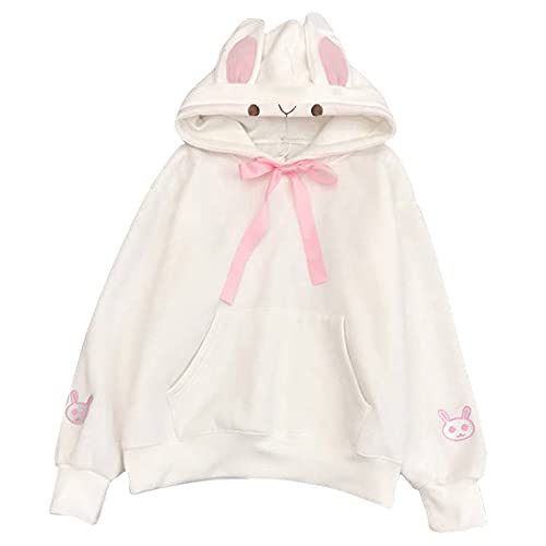 Vhersily Sudadera con Capucha Ropa Kawaii Sudadera con Capucha Peluche Suéter Acolchado Las Orejas de Mujer Lindo Top con Capucha, blanco, L