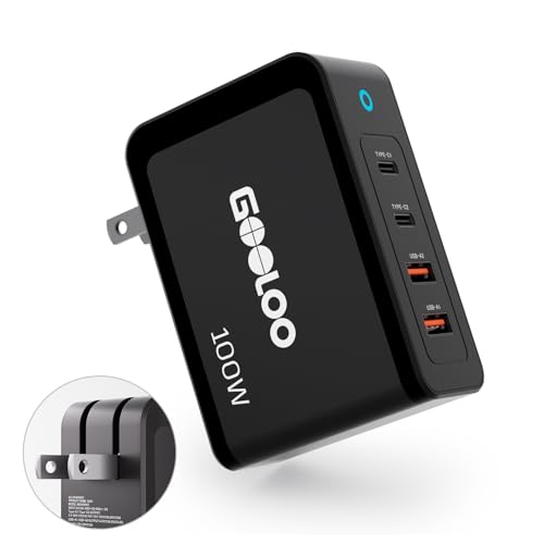 GOOLOO 100W USB C Charger Block, 4-Port Foldable Compact Fast Wall Charger for MacBook Pro/Air/iPad/iPhone Series and More, SuperSafe Power Adapter for GT3000/GT4000S/GT4000/GT6000/A7 Jump Starters