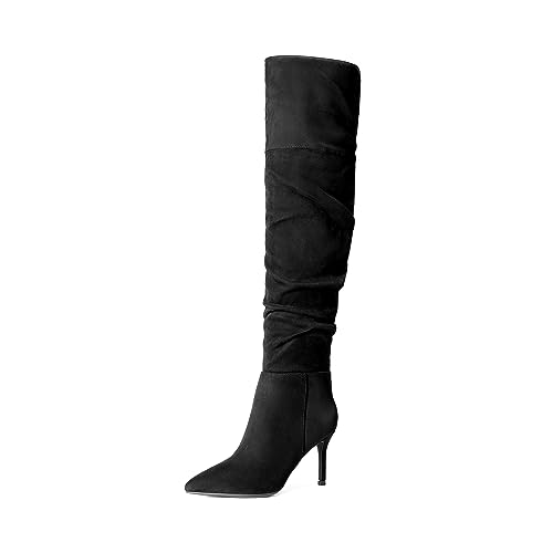 DREAM PAIRS Women's High Heels Over The Knee Boots Thigh High Pointed Toe Stiletto Long Fall Sexy Boots 6.5 Black-suede