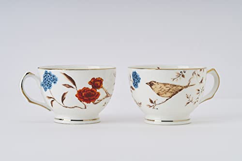 Image of GOLDEN QUEEN'S Cup & Saucer Set | Perfect for Hosting & for Tea /Coffee Lovers | Handcrafted in India, Inspired by Florals & 24K Gold Rim | 6 Cups & 6 Saucers |170 ml - Birdsong & Blooming Blossoms
