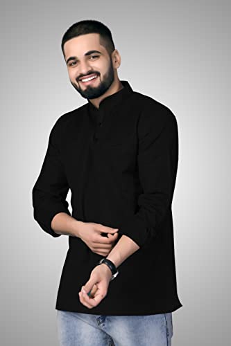 Image of Men's Cotton Regular Short Kurta | Casual & Ethnic Wear with Long Sleeve