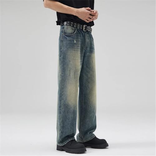 Men Vintage Jeans with Pockets Straight Trousers Distress Streetwear Wide-Leg Denim Pants2