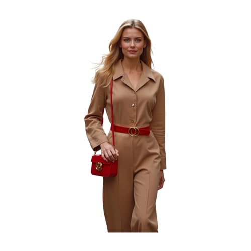 Women Red Color Fashion Belt - Hip Waist Skinny Faux Patent Leather Gold Circles Buckle M L z0794