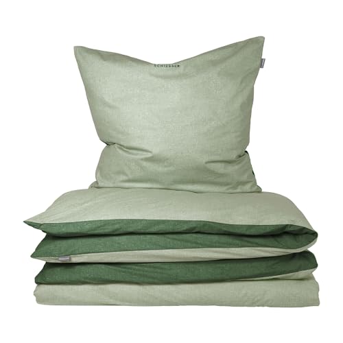 Schiesser Bettwäscheset Doubleface | Renforcé | 2-teilig | Zweifarbig | 100 % Baumwolle | Oeko-Tex® Made in Green Zertifiziert | YKK Reißverschluss | 135x200cm + 80x80cm | Grün