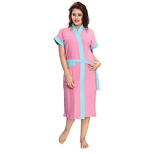 Image of Two Tone Cotton Half Sleeves Bathrobe for Women - Free Size fit Upto 42 inches-Ferozi Blue Pink