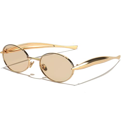 Retro Oval Sunglasses for Women Men - Classic 90s Vintage Trendy Shades with UV400 Protection, Gold Metal Frame