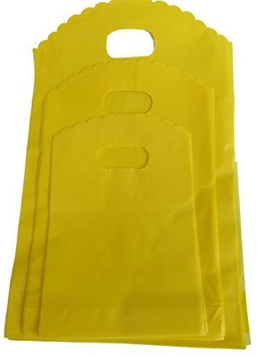 Fat-catz-copy-catz Pack of 100 plain bright colours: blue, pink or yellow fashion plastic shop, market, carrier gift loot party bags, 3 sizes: 13cmx12cm, 17cmx15cm or 21cmx18cm (Plain Yellow Large)