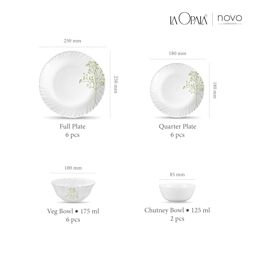 Image of La Opala Novo Collection Opal Glass Crockery | for Family of 6 | Dinner Set 20 pcs Blissful Green | Plates & Bowls for Dining | Microwave Safe | 100% Vegetarian | Extra Strong | Light & White