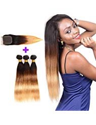 Ombre Brazilian Hair 3 Tone Bundles with Lace Closure, Ombre Weft Straight Human Hair Weaves and Lace Closure (16 18 20with14, T1b/4/27)