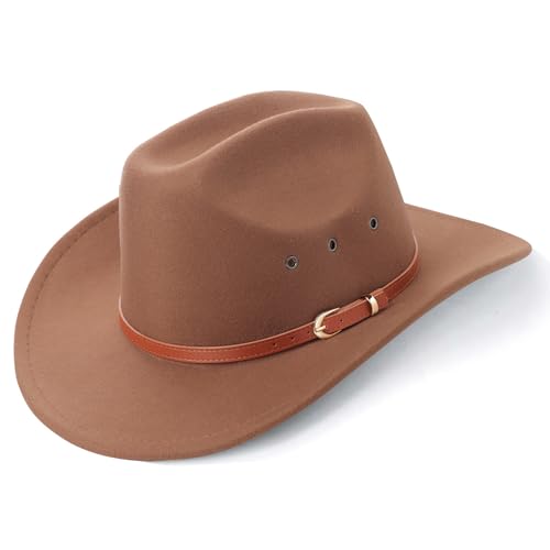 Image of DRESHOW Cowboy Hat for Women and Men Western Felt Cowboy Cowgirl Hat Wide Brim Belt Buckle Retro Fedora Hats Unisex Caps