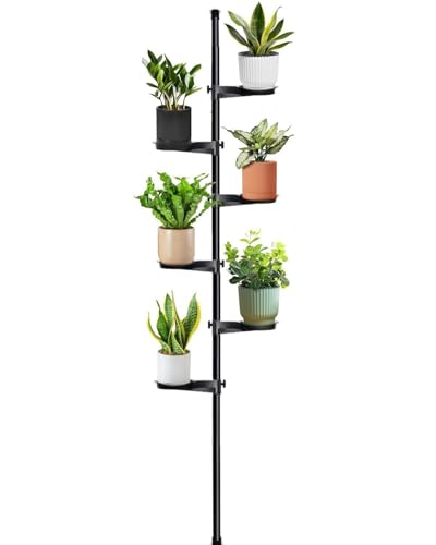 Zononoca Tension Rod Plant Stand Plant Poles for Hanging Plants Indoor 6 Tier Tension Pole Plant Hanger Floor to Ceiling Plant Pole with 6 Trays Hanging Plant Stand (Fit 3.6-10ft Ceiling)