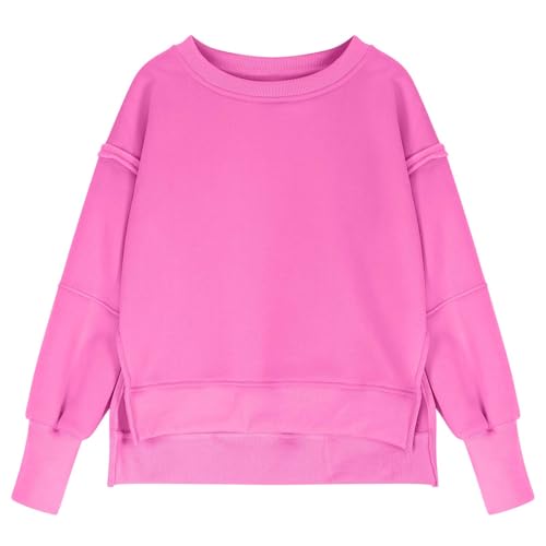 DDAPJ pyju Girls Oversized Sweatshirts Trendy Casual Stitching Long Sleeve Crewneck Pullover Plain Side Split High Low Tops3