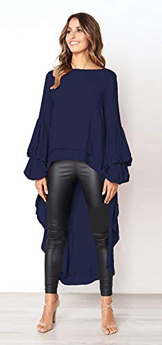 PRETTYGARDEN Women's Lantern Long Sleeve Round Neck High Low Asymmetrical Irregular Hem Casual Tops Blouse Shirt Dress (Navy, Large)