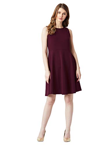 Image of Miss Chase Women's Wine Red Round Neck Knee-Long Skater Dress