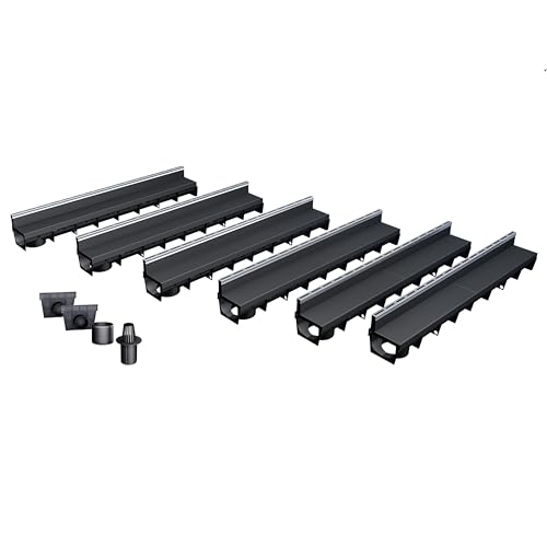 MEA Pack de 6 Caniveaux Extérieurs MEAPARK – Grille à Fente en PP Recyclé + Profil E-Blade R en INOX – Drainage Terrasse, Piscine, Jardin – Classe A15...