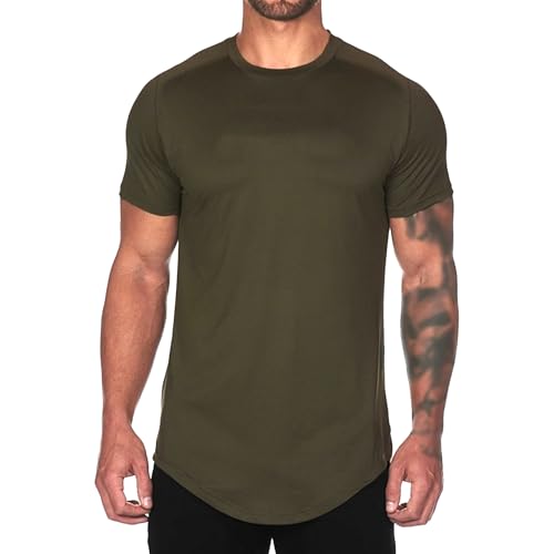 Men Quick Dry Arc Hem Sport Shirts Classic Comfy Jogging Fitness T Shirt Summer Loose Breathable Stretch Pullover (Navy Green,XX-Large)