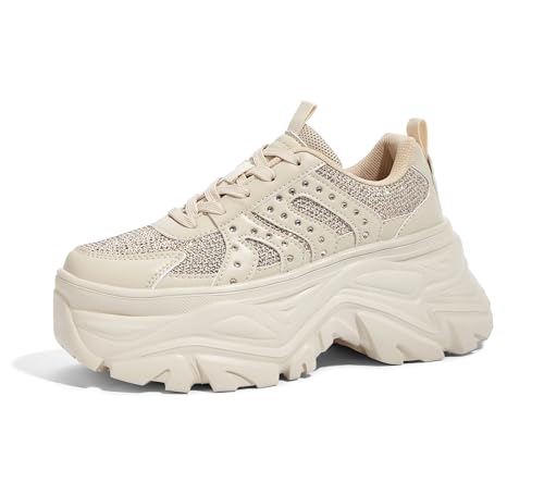 LUCKY STEP Women's Rhinestone Chunky Sneakers Breathable Lace-Up Platform Walking Sneakers Fashion Casual Dad Shoes(8 M US Beige)