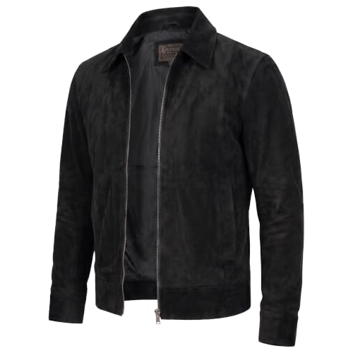 Image of Mens Polo Collar Zipper Suede Shirts Long Sleeve Shacket Suede Trucker Jacket Real Suede Leather Shirt