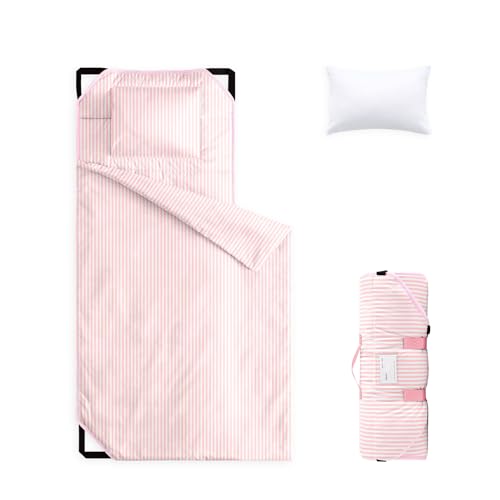 Image of Wake In Cloud - Cot Nap Mat with Pillow and Blanket, 100% Cotton Fabric, for Toddler Kids Boys Girls Ages 3 Plus in Daycare Kindergarten Preschool, Ticking Stripes