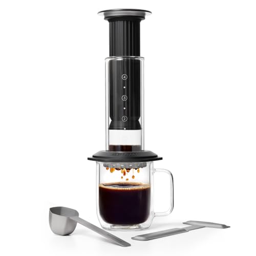 AeroPress Premium koffiepers – glas, roestvrij staal & aluminium alles-in-één French Press, handmatige filter- & espressomaker. Zet in 2 min een minder bittere, smaakvollere kop koffie, Zwart