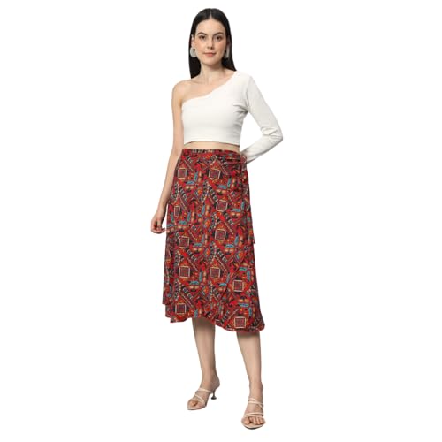 Image of GirlCode Women's Boho Floral Print Wrap Front Self Tie Knot Midi Skirt Women & Girls