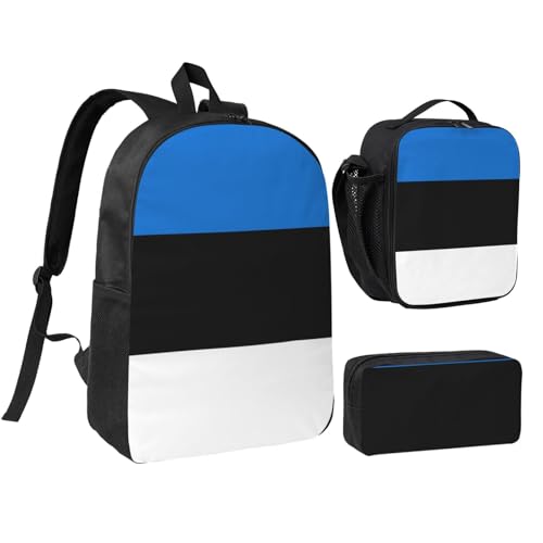 Sac à dos drapeau Estonie 3 en 1 avec boîte à déjeuner et trousse scolaire noire
