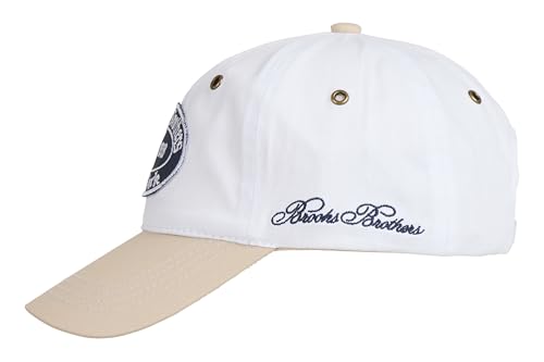 Image of Brooks Brothers Men's Classic 100% Cotton Twill Baseball Cap - Woven Logo One-Size Adjustable Hat, White /Safari Color Block