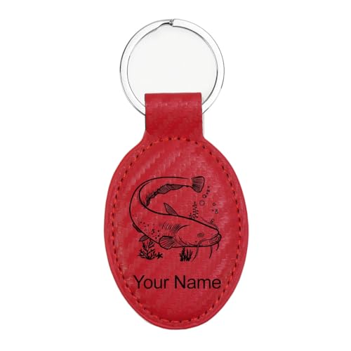 LaserGram Oval Keychain, Catfish, Personalized Engraving Included (Carbon Fiber Red)