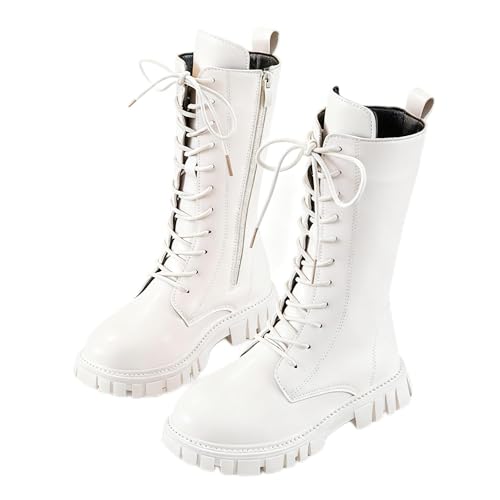 Girls White Lace-UpCombat Boots with Side Zipper, Knee-High Lugsole Dress/School Boots – Little/Big Kids (White, 13 Little Child)