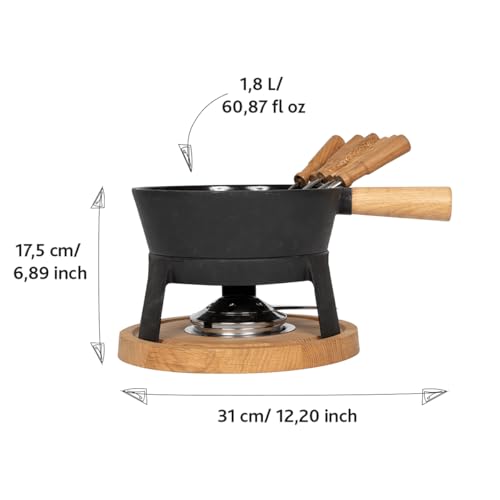 Foto von BOSKA Fondue Set Pro L - Familien (6 Fonduegabeln) - Käsefondue Teelichter mit Stil - 1,8 L Inhalt für 1,2 L Geschmolzenen Käse [Stabile, Eichenholz und Edelstahl]