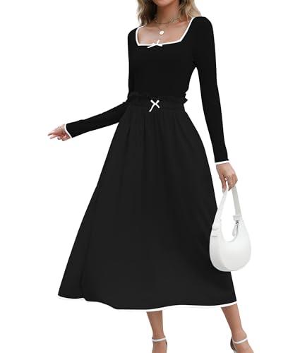 Women's Fall Ribbed Knit Two Piece Outfit Long Sleeve Top & High Waist Pleated Midi Skirt with Pockets