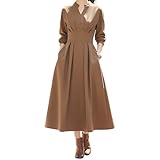 [ワン アンブ] vネック ワンピース ロング 長袖 レディース セレモニー 大きい 長袖 お呼ばれドレス シャツワンピース ブラウン L