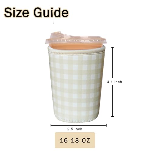 Image of Reusable Insulated Sleeve for Iced Coffee Cup, Coffee Neoprene Sleeve for Cold & Hot Drinks, Beverage Holder for Iced Coffee (Beige Gingham, Small: 16-18oz)