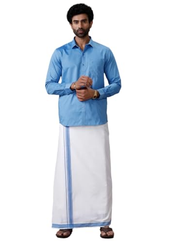 Image of RAMRAJ COTTON Men Full Sleeve Solid Shirt With Matching Border Dhoti|Ideal For Weddings And Occasion