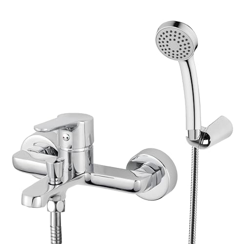 HOMSSY Grifo Monomando para Bañera de Latón con Acabado en Cromo, Montaje en Pared con Salida para Ducha, Diseño Estilizado, Incluye Monomando con Flexo, Soporte y Mango.