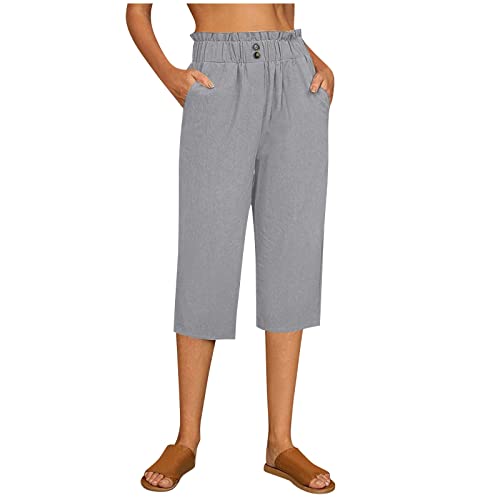 Pantalones de lino para mujer, de verano, ligeros, pantalones de chándal para mujer, cintura alta, holgados, pantalones deportivos 3/4 de pierna ancha, pantalones de playa con cordón, pantalones capri