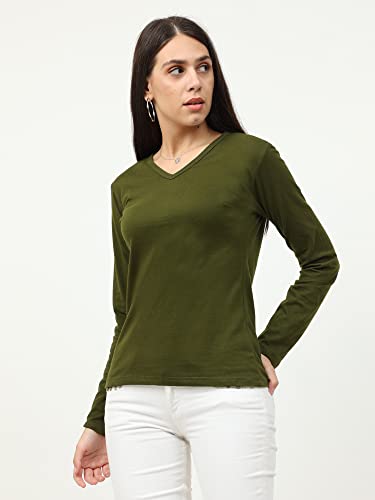 Image of FLEXIMAA Women's Cotton Plain V Neck Full Sleeve T-Shirt