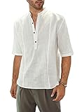 Dokotoo Mens T-Shirts Fashion Summer Half Short Sleeve Casual Plain Cotton Linen Breathable Comfy Front Stand Collar Button Up V Neck Solid Boho Beach Tops Basic Work Shirts White 2XL