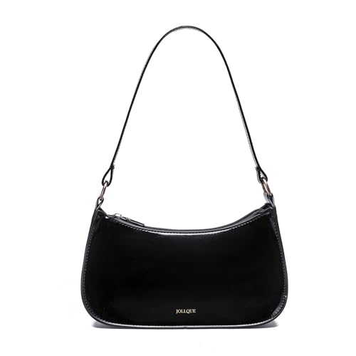 JOLLQUE Small Shoulder Bag for Women, Small Under the Arm Patent Leather Purses, Mini Purse Clutch Y2k Jelly Handbag Zipper Square Satchel Crossbody Bags(Black)