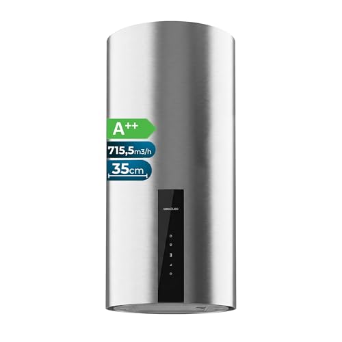 Cecotec Campana Extractora Redonda de Pared 35 cm Bolero Flux DRT 358000 Inox A++. Succión 715 m³/h, 2 Velocidades + Función Booster, Filtros de Carbono, Clase A++, Control Táctil