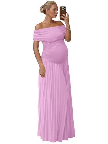 Off Shoulder Maternity Dresses for Photoshoot Pleated Maxi Baby Shower Dress Long Satin Pregnancy Gowns