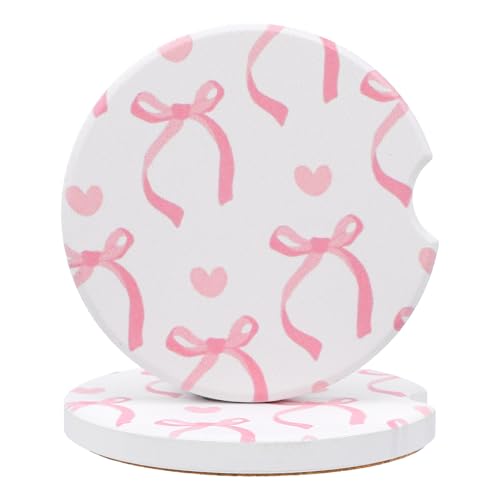 LXUEJIE 2Pcs Car Coasters for Cup Holders, Pink Absorbent Ceramic Car Cup Coaster Universal Anti Slip Cork Base Cup Coasters with Finger Notch Car Interior Accessories for Women(Bow)