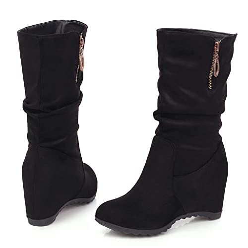 MIOKE Women's Winter Mid Calf Slouch Boots Sweet Bow Round Toe Hidden Wedge Heel Zipper Wide Calf Dress Boot2