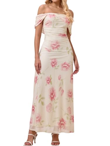Image of KUTUMAI Women Floral Off Shoulder Maxi Dress Summer Ruched Bodycon Long Formal Wedding Guest Dresses 2026