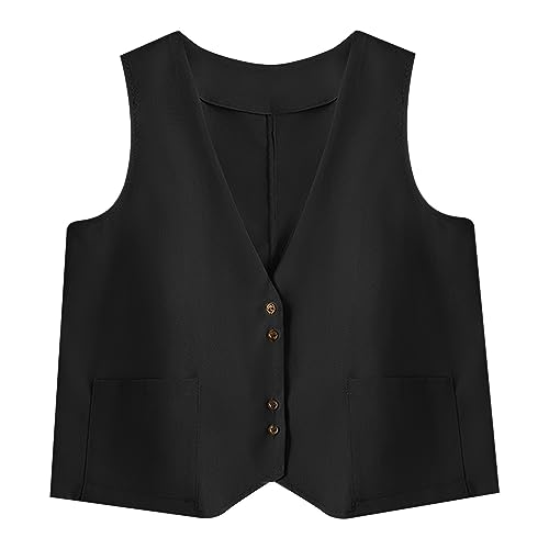 Bauzuoyo Chaleco de lino de algodón para mujer, cuello en V, sin mangas, chaqueta monocromática con bolsillos, estilo vintage, chaleco de traje informal informal, retro, verano, informal, chaleco de